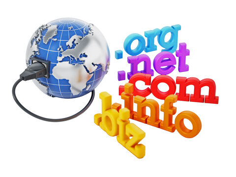 Domain name extensions around the globe with network cable on transparent background. 3D illustration