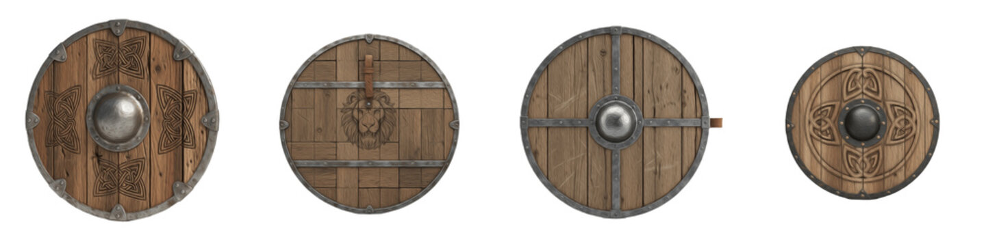 Set of Medieval Viking Wooden Shields with Metal Bosses, Antique Round Warrior Bucklers for Battle Reenactment, Isolated PNG on White Background
