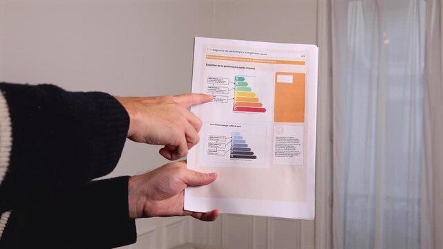 Une personne qui montre le dossier de diagnostic de performance &eacute;nerg&eacute;tique (DPE) d'un bien immobilier.