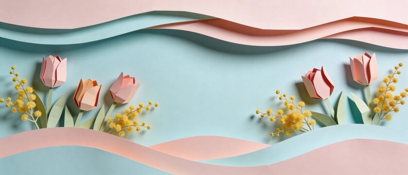 Layered pastel papercraft banner with tulip flowers and mimosa sprigs arranged along soft pink and blue waves; elegant spring background with copy space for greeting cards, posters, or branding.