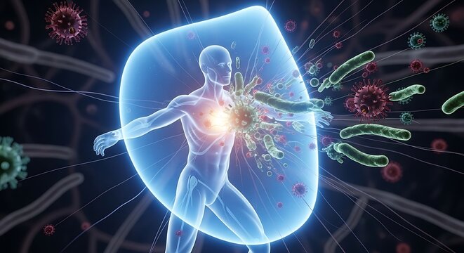 Human body maintains a glowing energy barrier deflecting invading microorganisms during microscopic battle