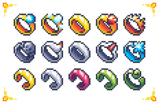 A set of pixel art magic ring icons: gold, silver, gem-set, and elemental bands. Ideal for RPG equipment slots, loot drops, and character accessory UI.