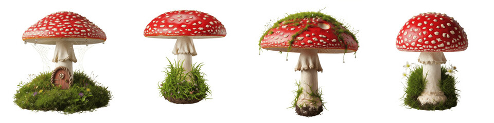 Red Amanita Muscaria Mushroom Collection, Magical Forest Toadstools with Green Moss, Fairytale Fantasy Garden Decor, Isolated PNG on White © DesireDoue