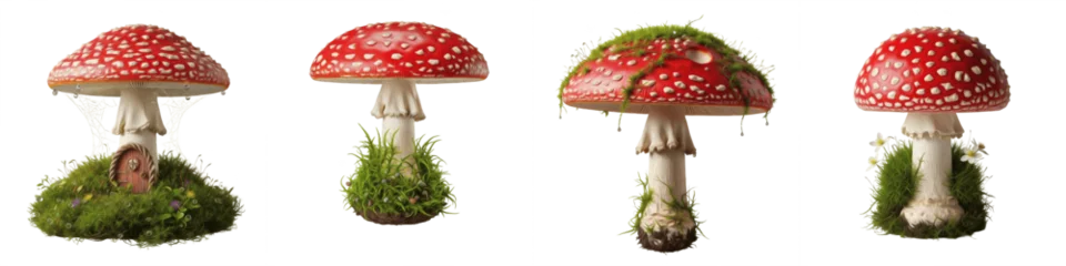 Fototapeten Zauberwald Red Amanita Muscaria Mushroom Collection, Magical Forest Toadstools with Green Moss, Fairytale Fantasy Garden Decor, Isolated PNG on White  © DesireDoue