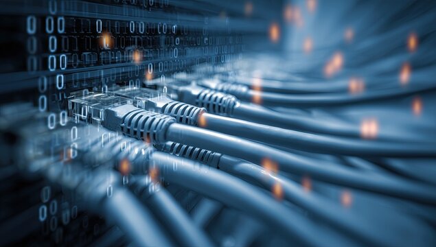 a close-up of network cables and data in an office, with a binary code background focus on detailed cable connections and information technology elements Generative AI