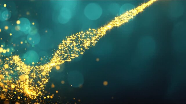 A vibrant, abstract image featuring a stream of sparkling gold particles against a teal background