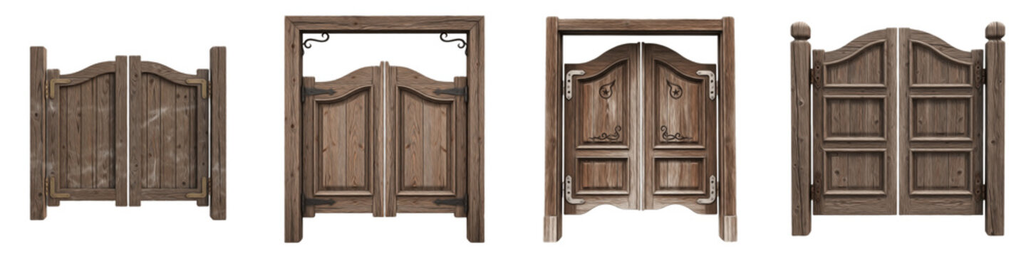 Rustic Western Saloon Doors Collection, Vintage Wooden Swinging Cafe Bar Gates, Wild West Tavern Entrance Decor, Isolated PNG White Background