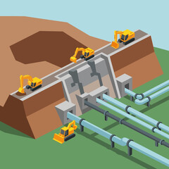 Construction site with excavators working on pipeline infrastructure.