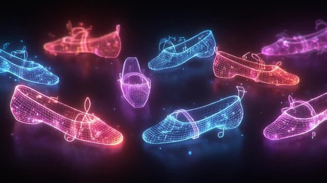 Several floating, wireframe shoes rendered in glowing neon colors against a dark background