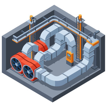 Isometric illustration of industrial machinery and piping system.