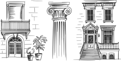 Vintage architectural facade illustration balcony column classical building exterior sketch ornamental european house detail line art historic design drawing