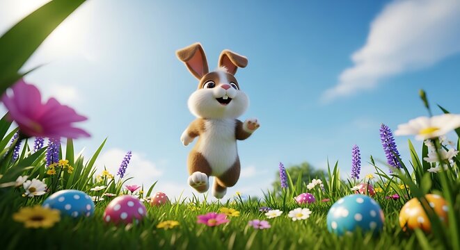 Happy easter bunny hopping in a field of flowers and easter eggs