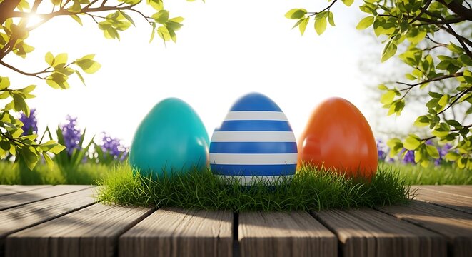 Colorful easter eggs on green grass with wooden fence and blossoming tree
