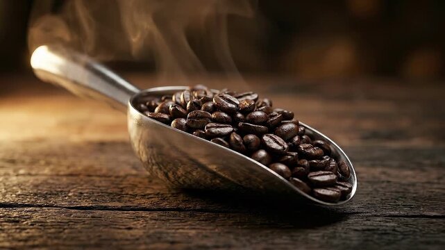 Freshly roasted dark coffee beans piled in a metal scoop on a rustic wooden table with rising steam and soft warm lighting for cafe shop branding and breakfast concepts.