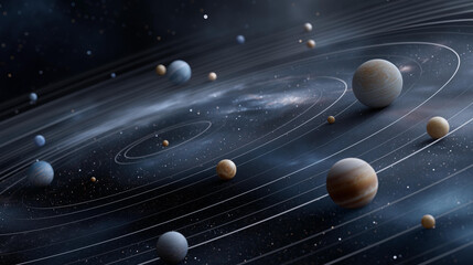 Stunning 3D illustration of a planetary system featuring complex orbits and vibrant planets reflecting unique textures. A colorful cosmic narrative unfolds with a dozen planets encapsulated in