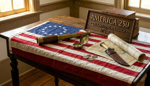 America 250 semiquincentennial celebration commemorates historic legacy 1776-2026. Patriotic Betsy Ross flag rests beside vintage telescope compass. Colonial map, coins founding independence