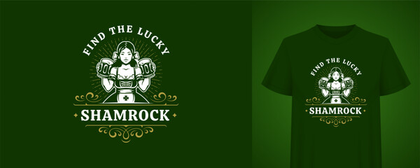 Saint Patrick's Day t-shirt print with a beautiful woman holding beer mugs. Festive Irish holiday badge for celebrating the popular event. Creative vector illustration template with typography © provectors