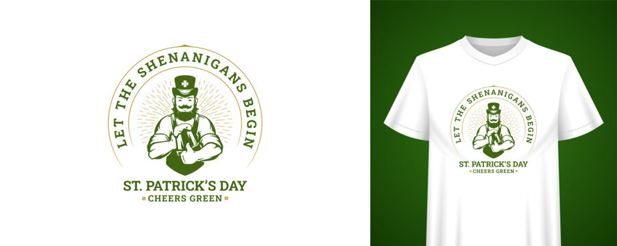 Saint Patrick's Day t-shirt design with a bearded man holding a beer bottle. Festive Irish holiday badge for celebrating the popular event. Creative vector illustration template with typography