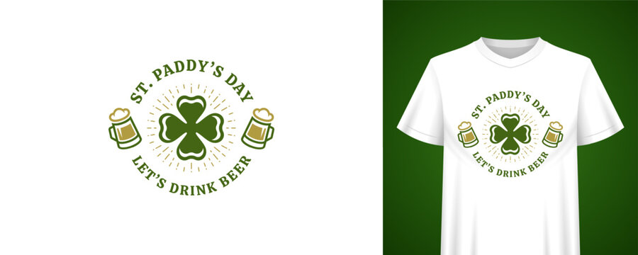 Retro St. Paddy's Day badge with clover and beer mugs. Typographic t-shirt print for Irish holiday party. Festive graphic vector illustration template for poster or label