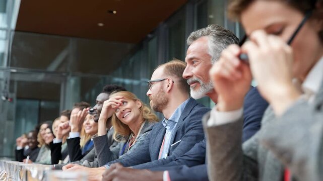 Meeting of diverse business and political delegates discussing collaboration strategies in a conference hall in the city during daytime