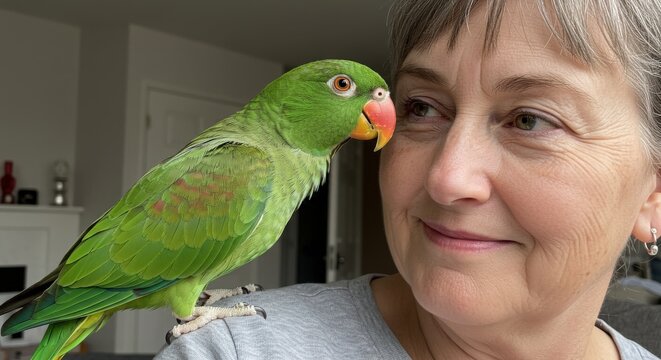 A woman posing with her colorful parrot on her shoulder indoors