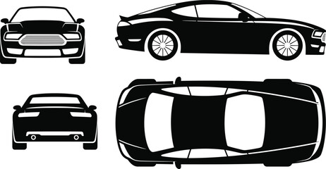 Obraz premium Black sports car silhouette set from multiple views including front side rear and top angles, modern vehicle outline vector illustration isolated on white background