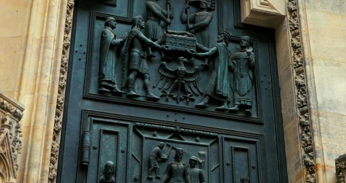 Close-up details of Prague Castle&rsquo;s historic architecture, engravings, and ornaments in the morning light. Blue winter atmosphere highlights the craftsmanship and Gothic-Baroque design.
