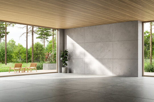 Modern loft style empty room with polished concrete walls 3d render. a wooden slat ceiling, and large windows overlooking a lush green garden. Bright natural sunlight creates shadows.