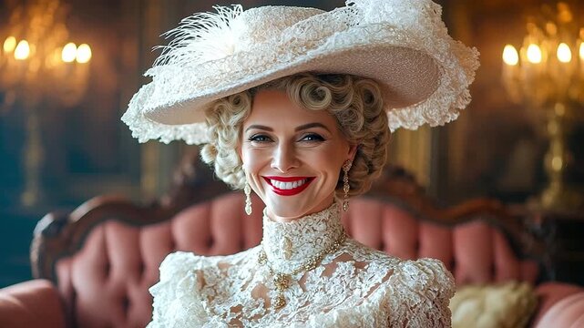 Smiling noble woman in vintage lace dress and hat at palace&raquo; как раз дает четкую картинку в голове.
