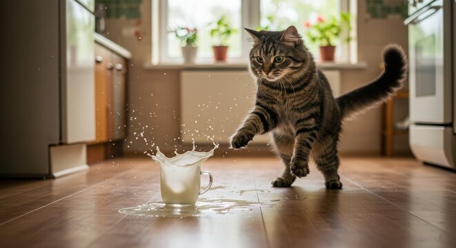A mischievous cat knocks over a glass of milk in a kitchen