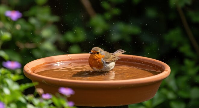 A robin bird taking a refreshing bath in a terracotta birdbath