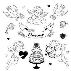 outline set of isolated love icons with Cupids and cake