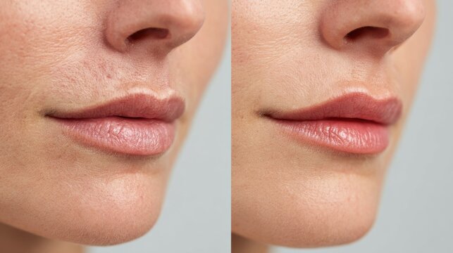 Before and after lip skincare treatment showing dry chapped lips and hydrated smooth result
