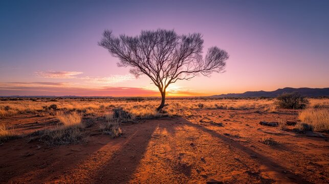 Golden Hour in the Outback: Hakea Tree Stands Alone Amid Red Desert Sands
