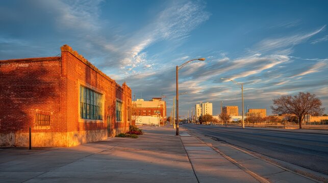Golden hour light over the Amarillo skyline and surrounding prairie, Texas