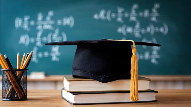 A graduation cap on books, pencils in a holder, with math equations in the background