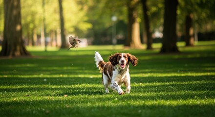A dog playing fetch in a park on a sunny day