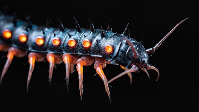 A detailed macro of a creature with glowing eyes and legs, set against a stark, black backdrop