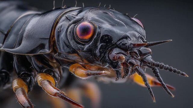 A detailed macro image showcases the head and body of an insect, with vibrant iridescent eyes and detailed body parts