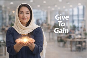 International Womens Day concept with woman holding glowing light, Give to Gain Campaign 2026, 8 march theme, support IWD © dvoevnore