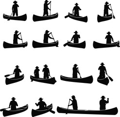 Silhouettes of people paddling canoes and rowing boats on water for outdoor summer adventure recreation active lifestyle and nature exploration. © Tanzila