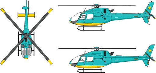 Set of Three Helicopter Illustrations in Teal and Yellow Showing Top and Side Views with Rotor and Fuselage Details © Asik