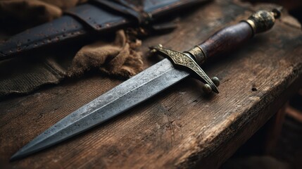 Handcrafted medieval dagger replica with aged patina and ornate guard