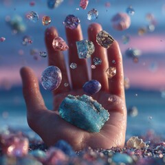 Conceptual hand releasing abstract elements