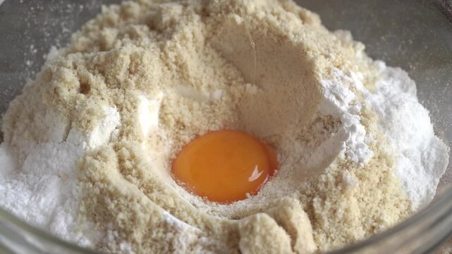Putting egg yolk into a bowl with wheat and almond flour - baking vanilla crescent cookies called Kipferl at Christmas