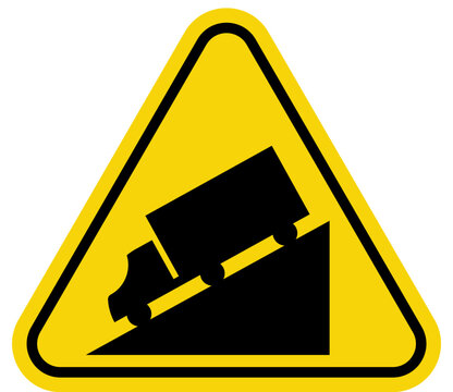 Warning sign for steep downhill grade with truck symbol yellow triangle road safety alert for steep slope isolated on white background