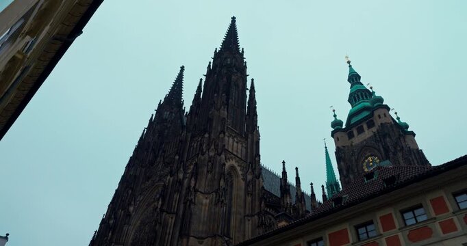 Close-up details of Prague Castle&rsquo;s historic architecture, engravings, and ornaments in the morning light. Blue winter atmosphere highlights the craftsmanship and Gothic-Baroque design.