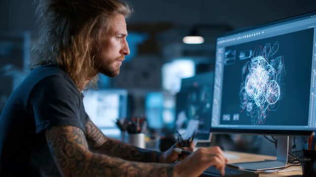 Male engineer with tattoos sits at desk working on computer design in an office setting during evening hours