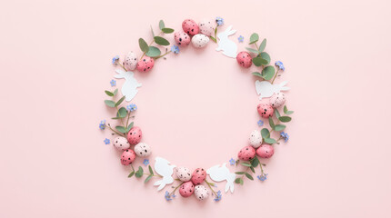 Decorated Easter eggs and flowers arranged in a circular wreath shape on a pink background for a springtime celebration card with copy space.