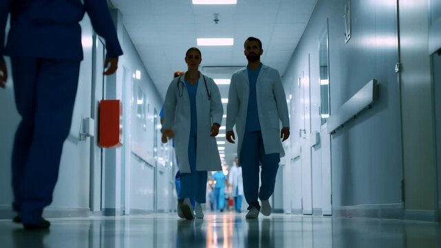 Timelapse footage shows a busy hospital hallway with medical staff walking and interacting throughout the day